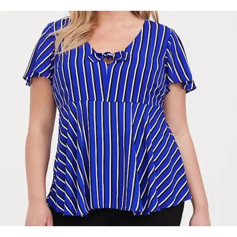Torrid Women's Plus 1X Blue Stripe Georgette Bow Top Flutter Sleeves